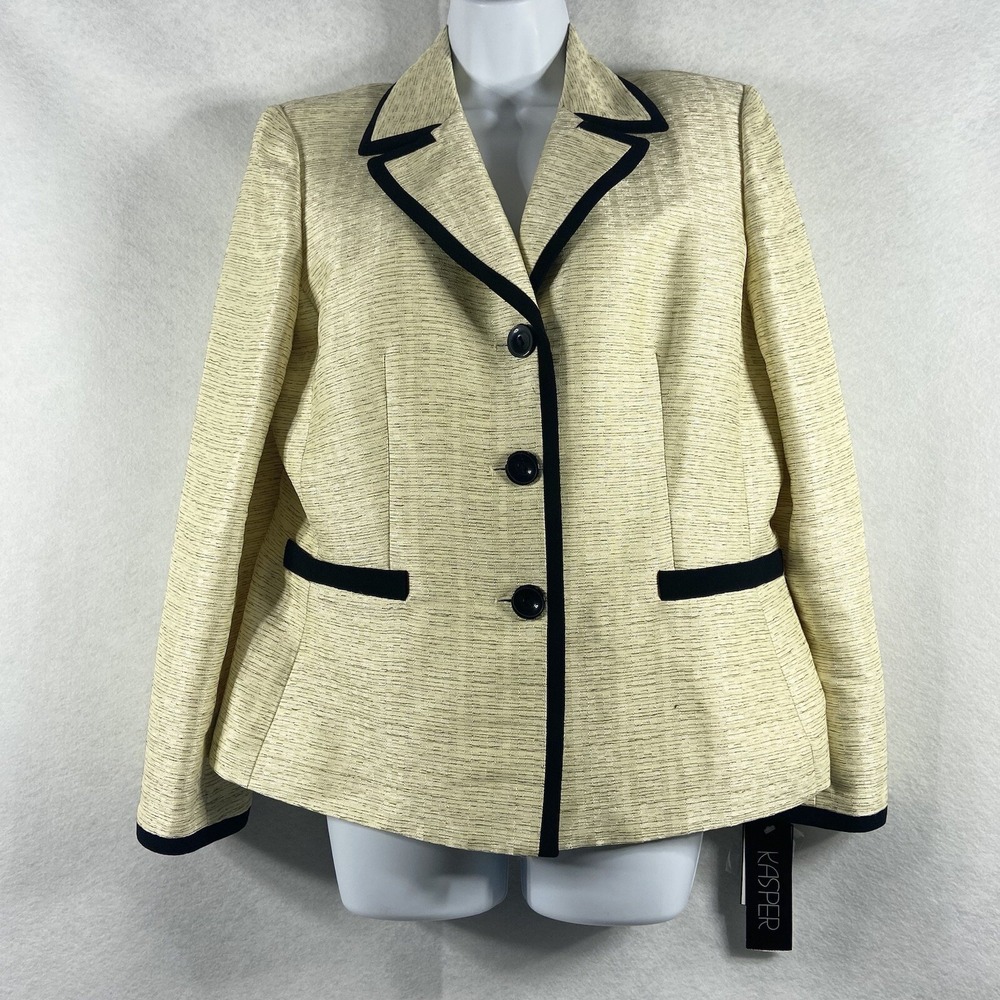 Kasper Jacket Women's 12 Eggshell Black Blazer Long Sleeves Shimmer New